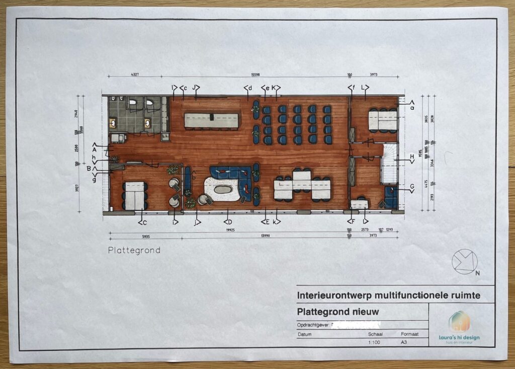 Laura's HI Design plattegrond multifunctionele ruimte presenteren koken werken loungen blauw stoelen tafels keuken bank werkplek interieurontwerp kleuradvies