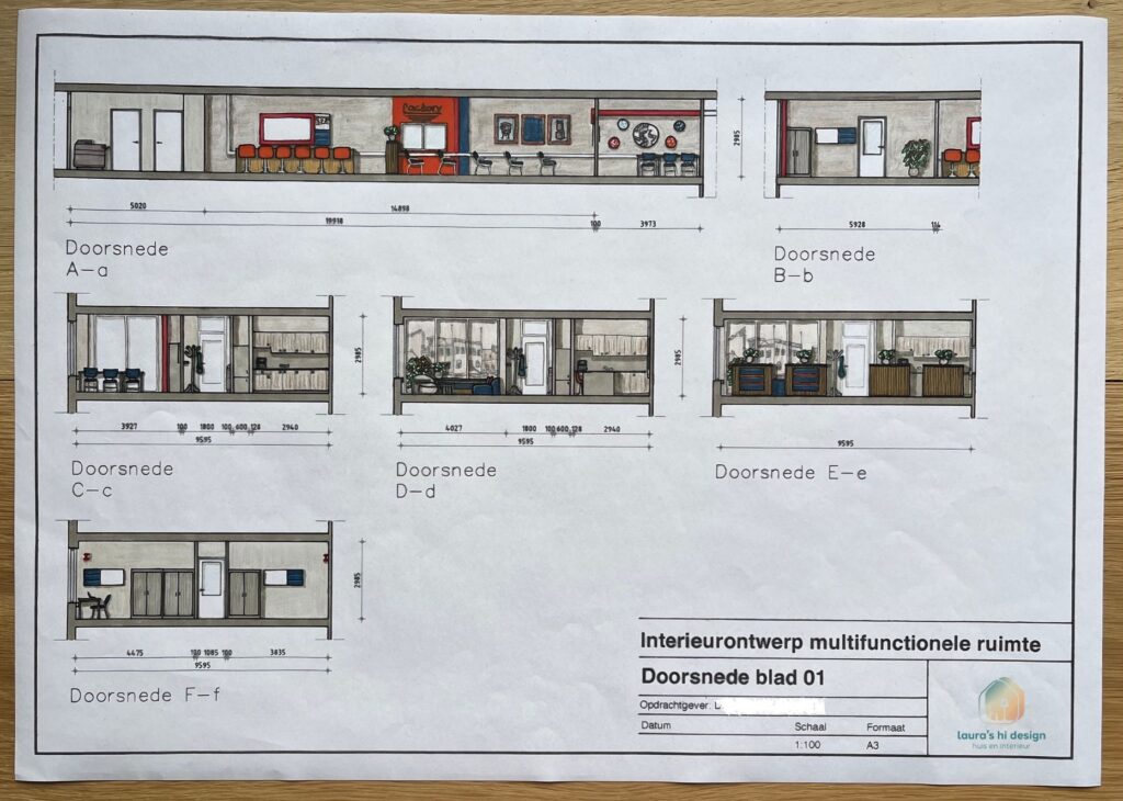 Laura's HI Design wanaanzichten kleur kleuradvies interieurontwerp oranje blauw keuken presenteren kookeiland roomdivider hout werken werkplek kantoor