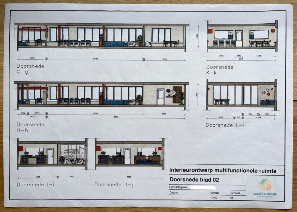 Laura's HI Design wandaanzichten multifunctioneel ruimte interieurontwerp stoelen tafel presenteren loungen koken werken werkplek kantoor