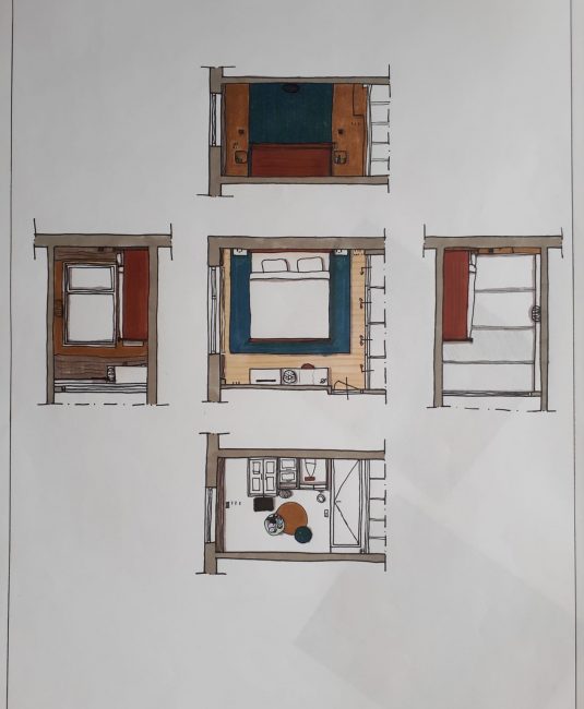 Laura's HI Design tekening interieurontwerp kleuradvies slaapkamer goud bruin groen blauw